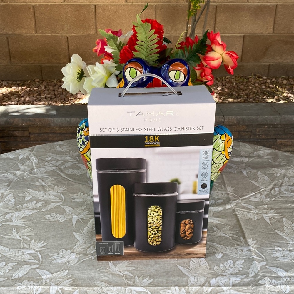 Tahari Set of Three Stainless Steel Glass Canisters